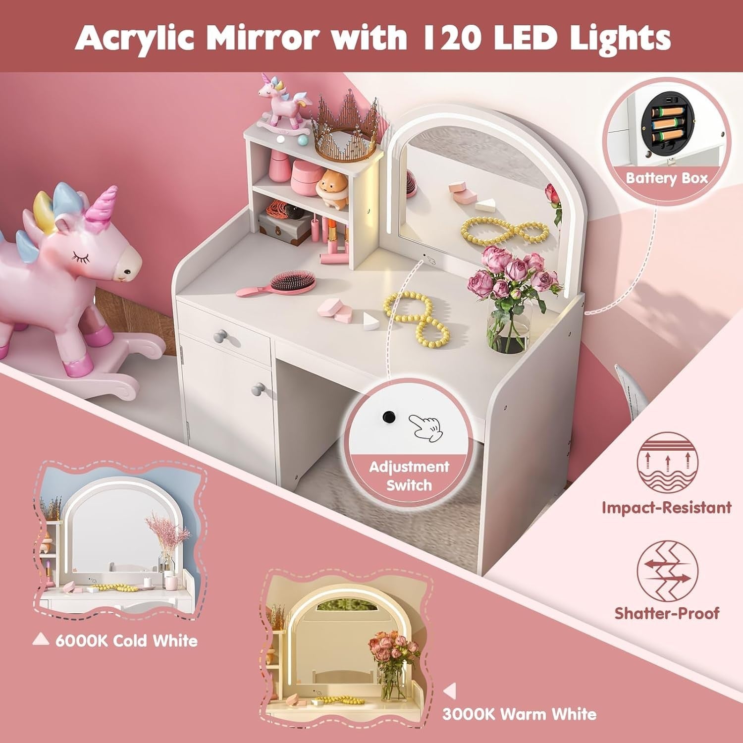 Kids Vanity Table & Chair Set with LED Mirror Storage Shelves Drawer White