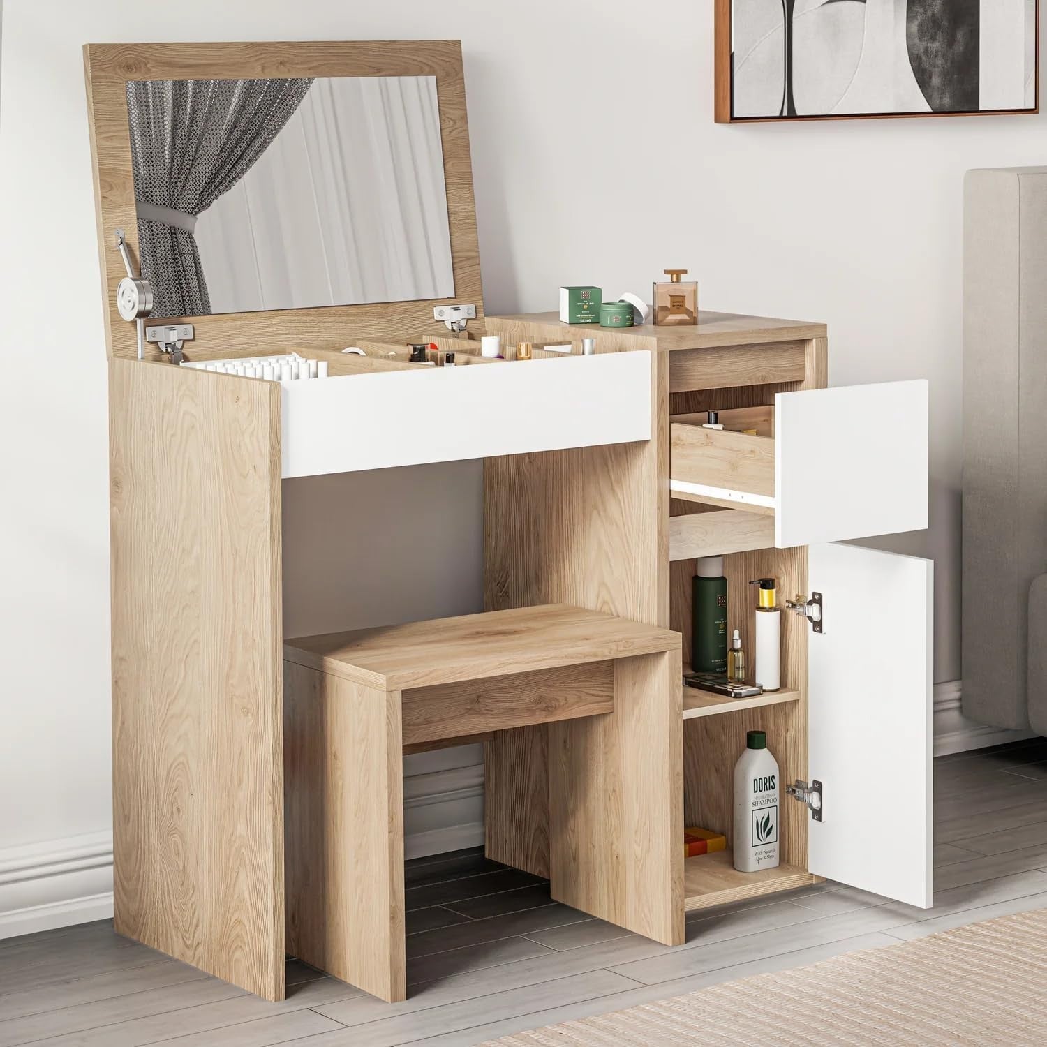 Makeup Vanity Desk with Flip-Up Mirror Storage Drawer Stool Oak/White