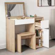 Makeup Vanity Desk with Flip-Up Mirror Storage Drawer Stool Oak/White