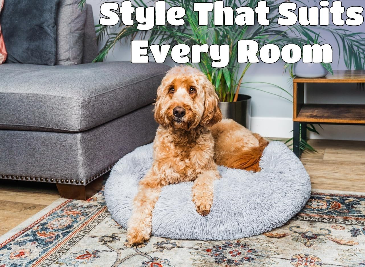 Large Calming Donut Dog Bed 80cm Plush Washable Anti Anxiety