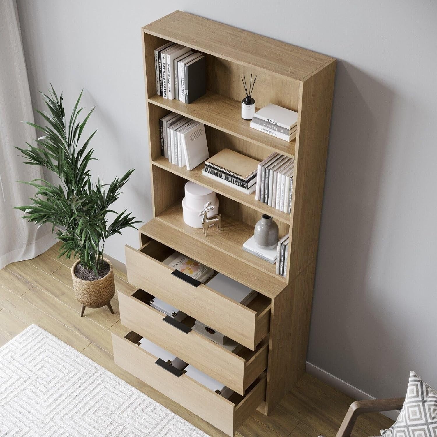 3 Drawer Wooden Storage Cabinet with Tall Bookcase Shelf Oak 60cm Combo Unit