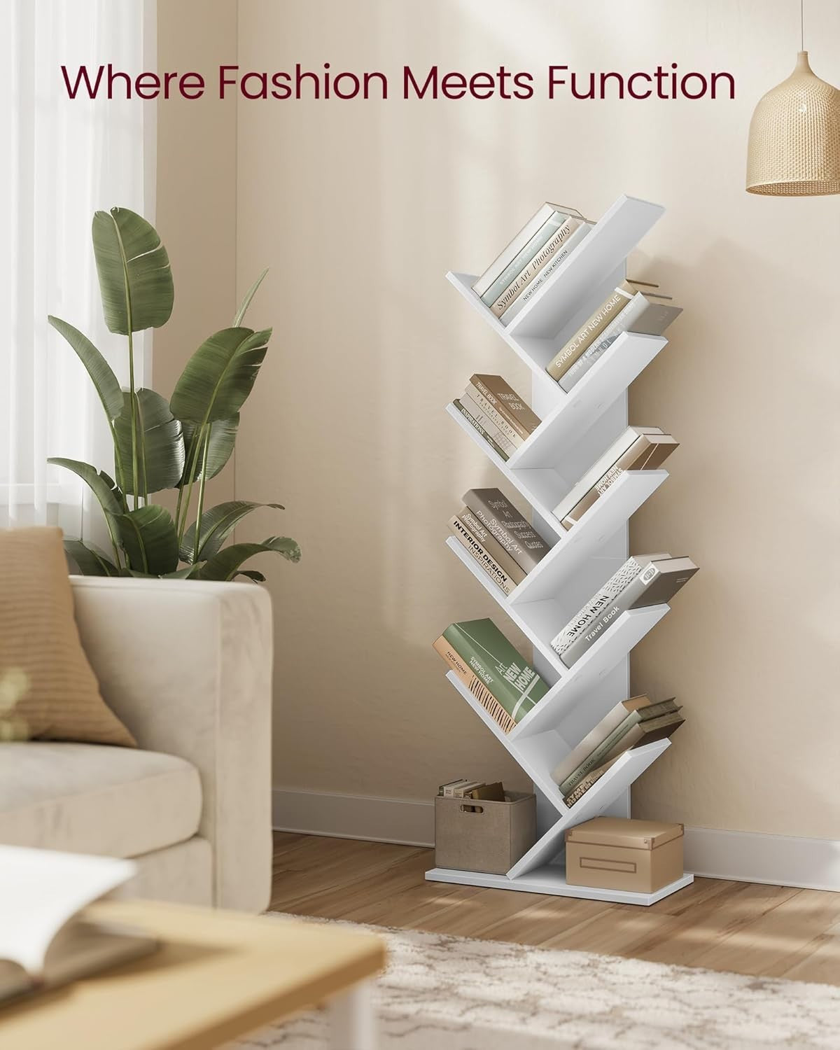 9 Tier Tree Bookshelf White Tall Modern Corner Bookcase Space Saving 141cm