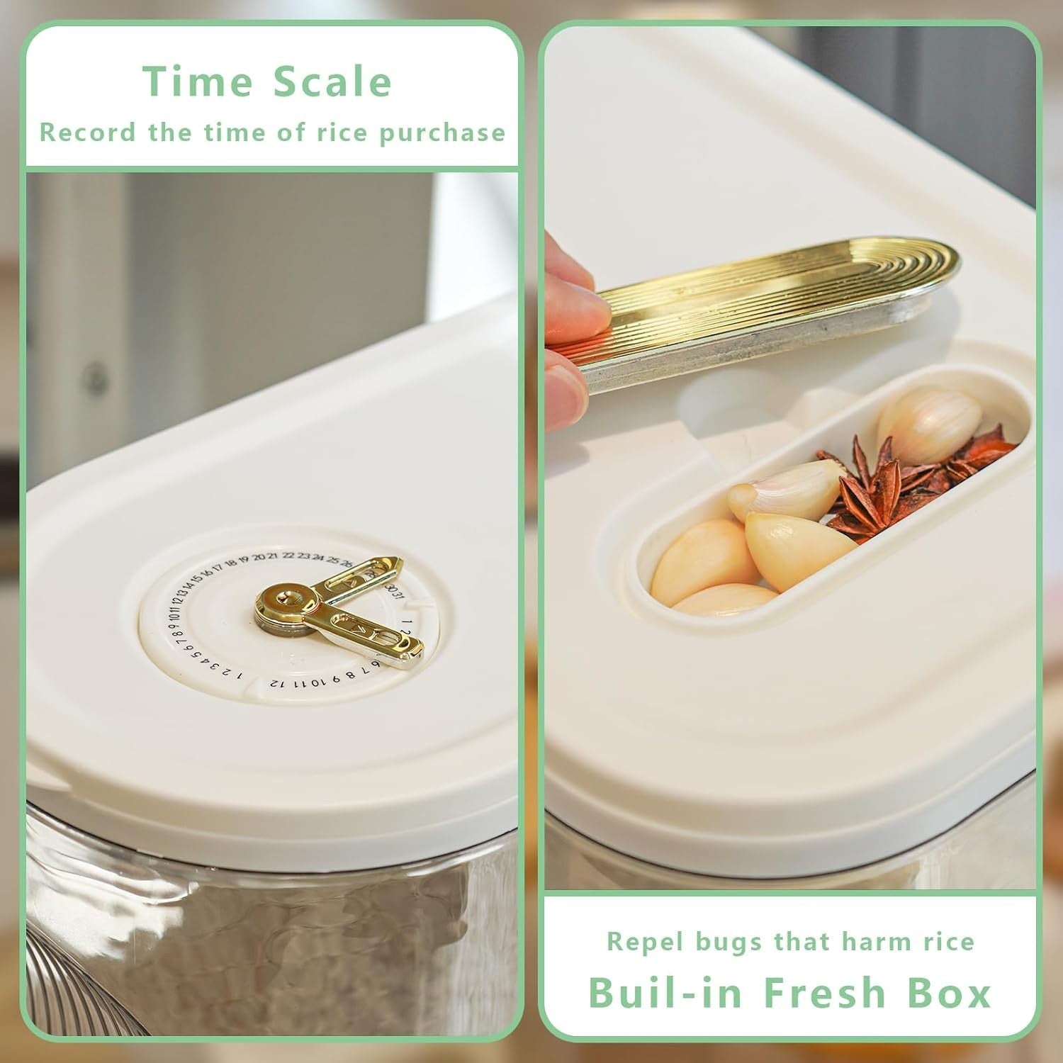 10KG Rice Storage Container Clear Grain Dispenser with Date Dial Cup