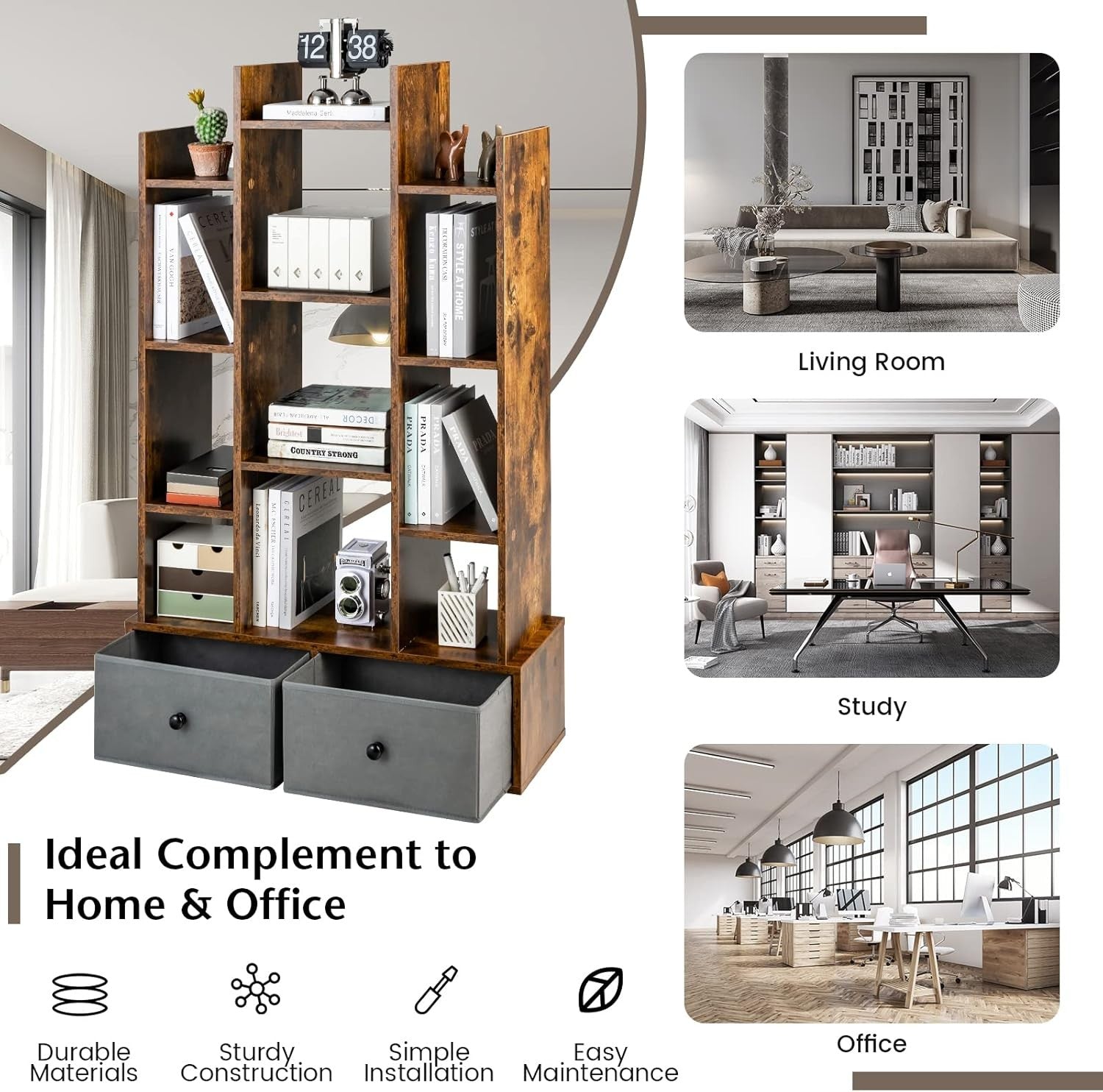 Rustic Brown Tree-Shaped Tall Bookcase 12 Cube Storage Shelf with 2 Drawers