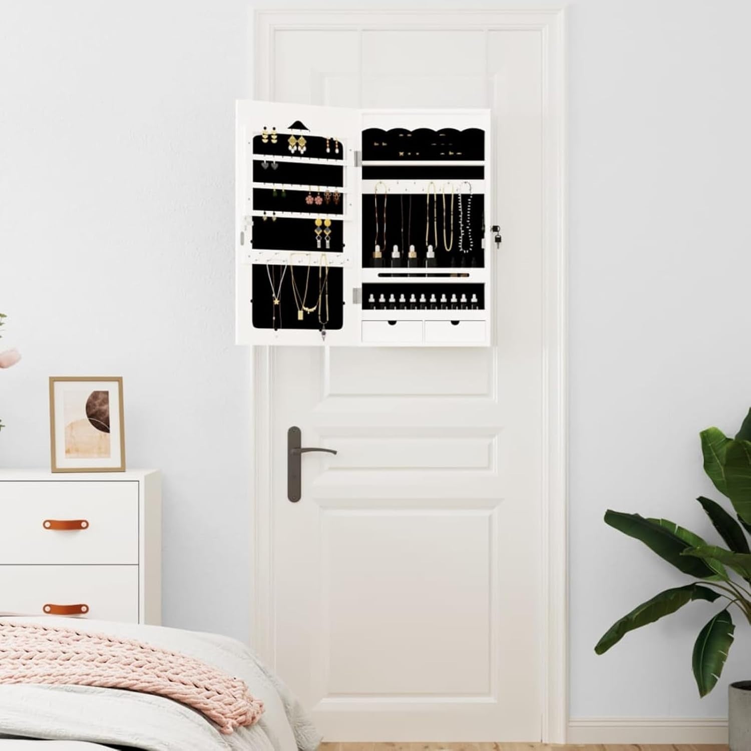 White Wall Mounted Mirror Jewelry Cabinet Lockable Storage with Drawers