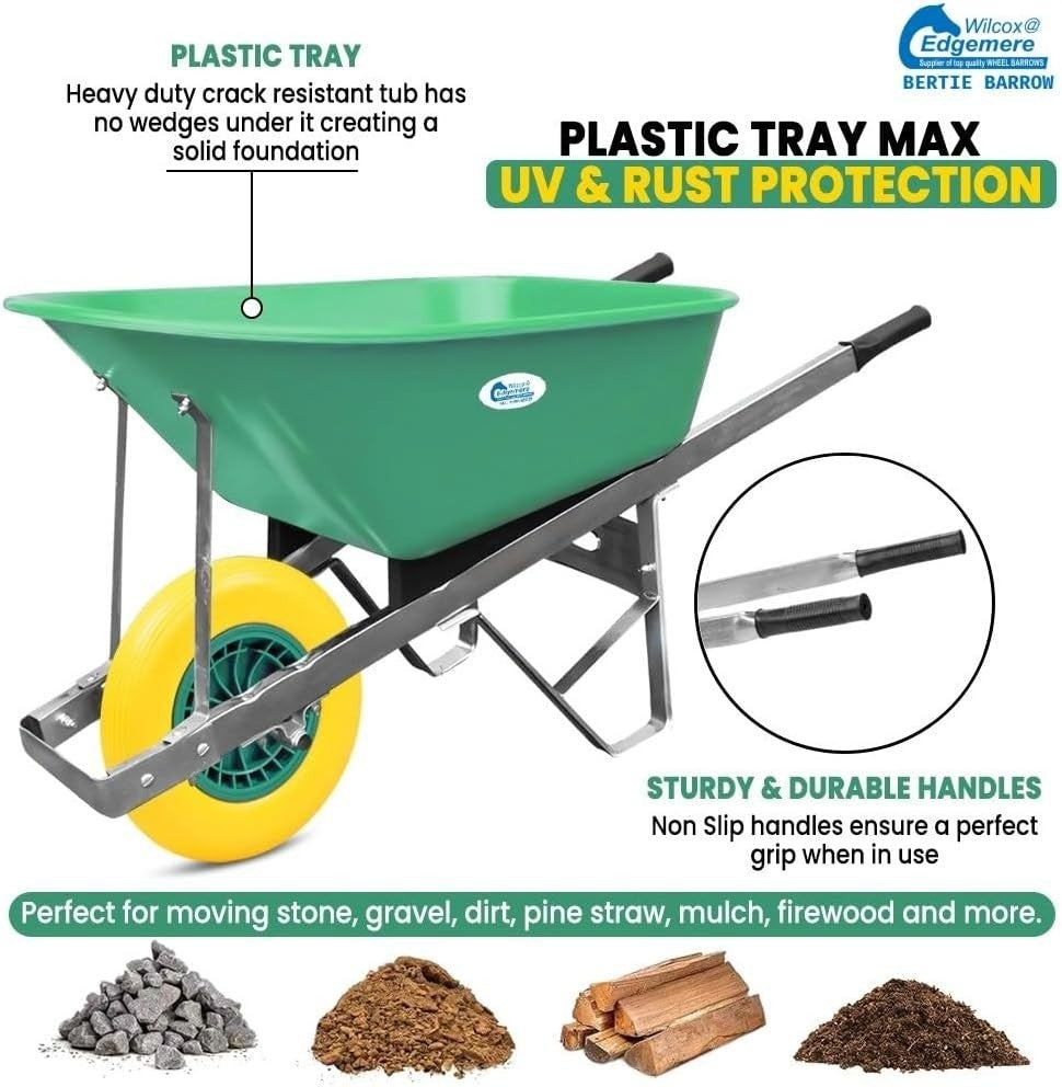 120L Garden Wheelbarrow – Green/Yellow – PU Tubeless Tyre Heavy Duty Frame