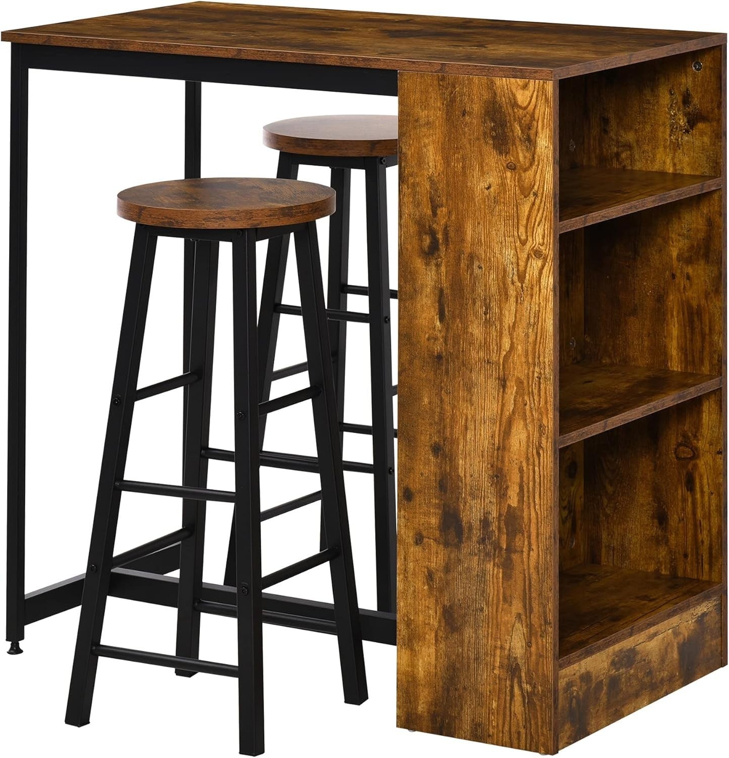 Rustic Brown Industrial Bar Table Set with 2 Stools & Storage Shelf 3-Piece