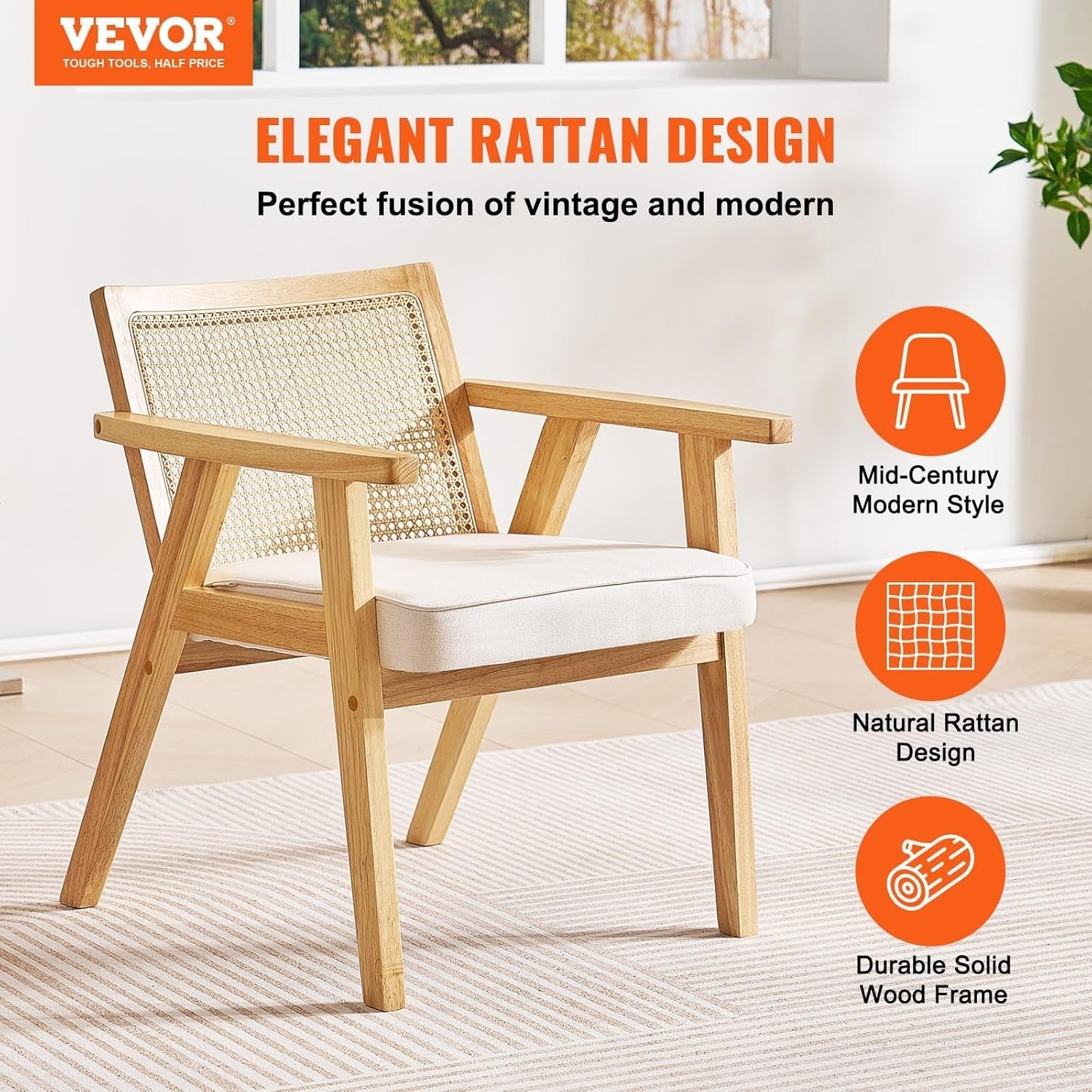 Rattan Armchair with Cushion Wooden Frame Modern Dining Lounge Chair Beige