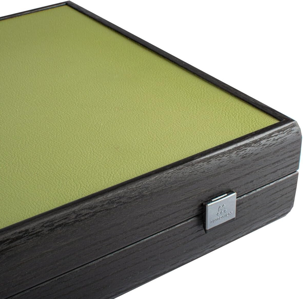 19” Luxury Backgammon Set Olive Green Faux Leather Wooden Foldable Board