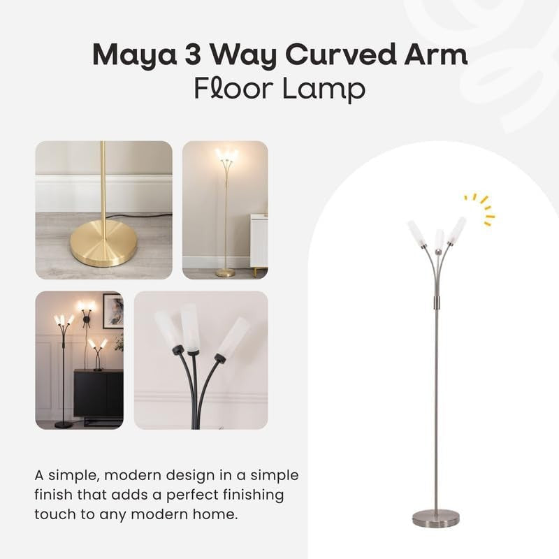 3 Arm Curved Floor Lamp Matt Black Modern Standing Light with Bulbs