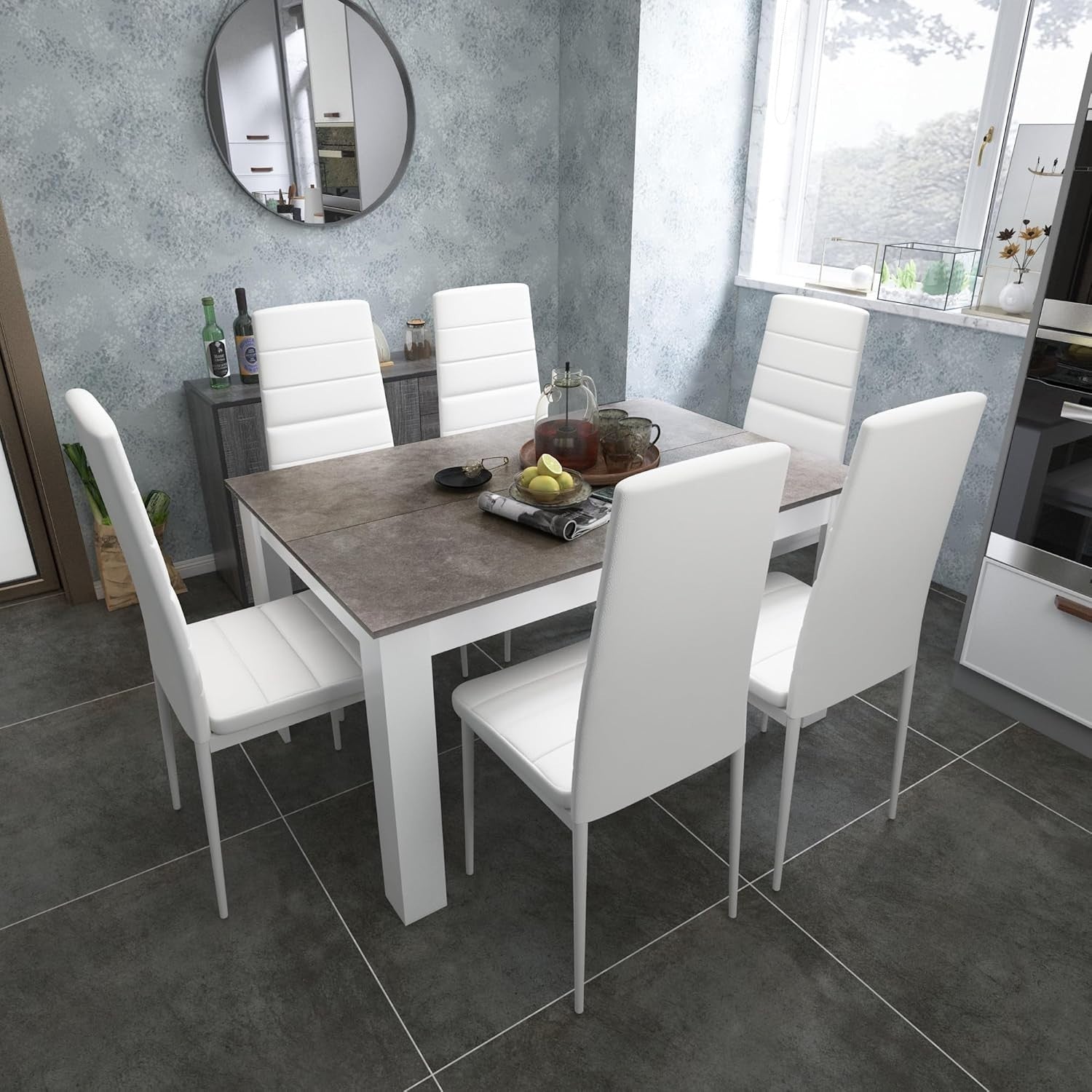 Dining Table Set 6 Grey Oak Faux Leather Chairs Modern Kitchen Home