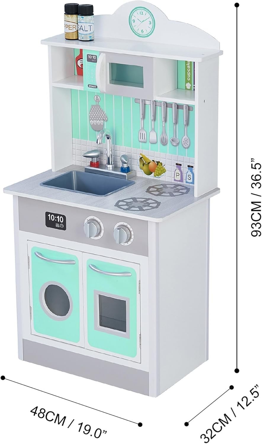 Compact Wooden Kids Play Kitchen Grey Mint Pretend Cooking Set