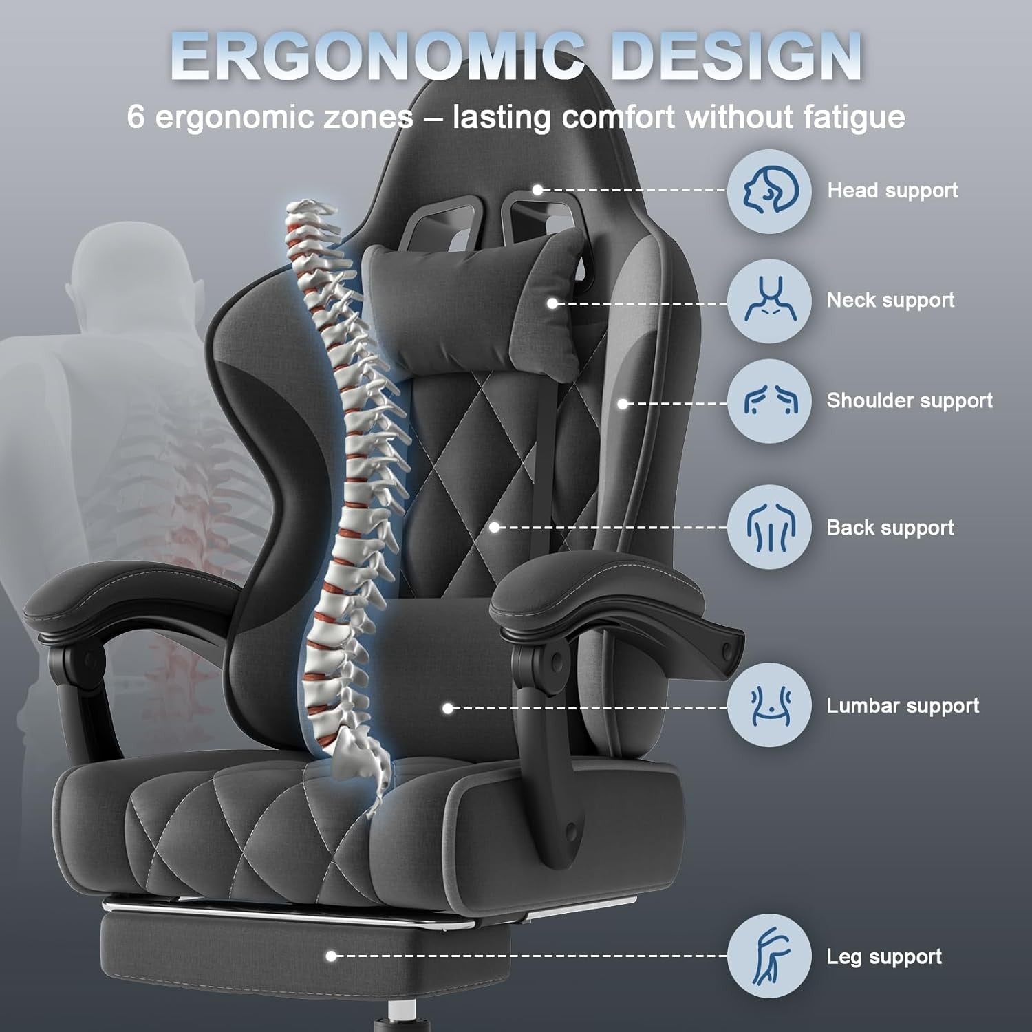 Ergonomic Fabric Gaming Chair Recliner w/ Footrest & Lumbar Support