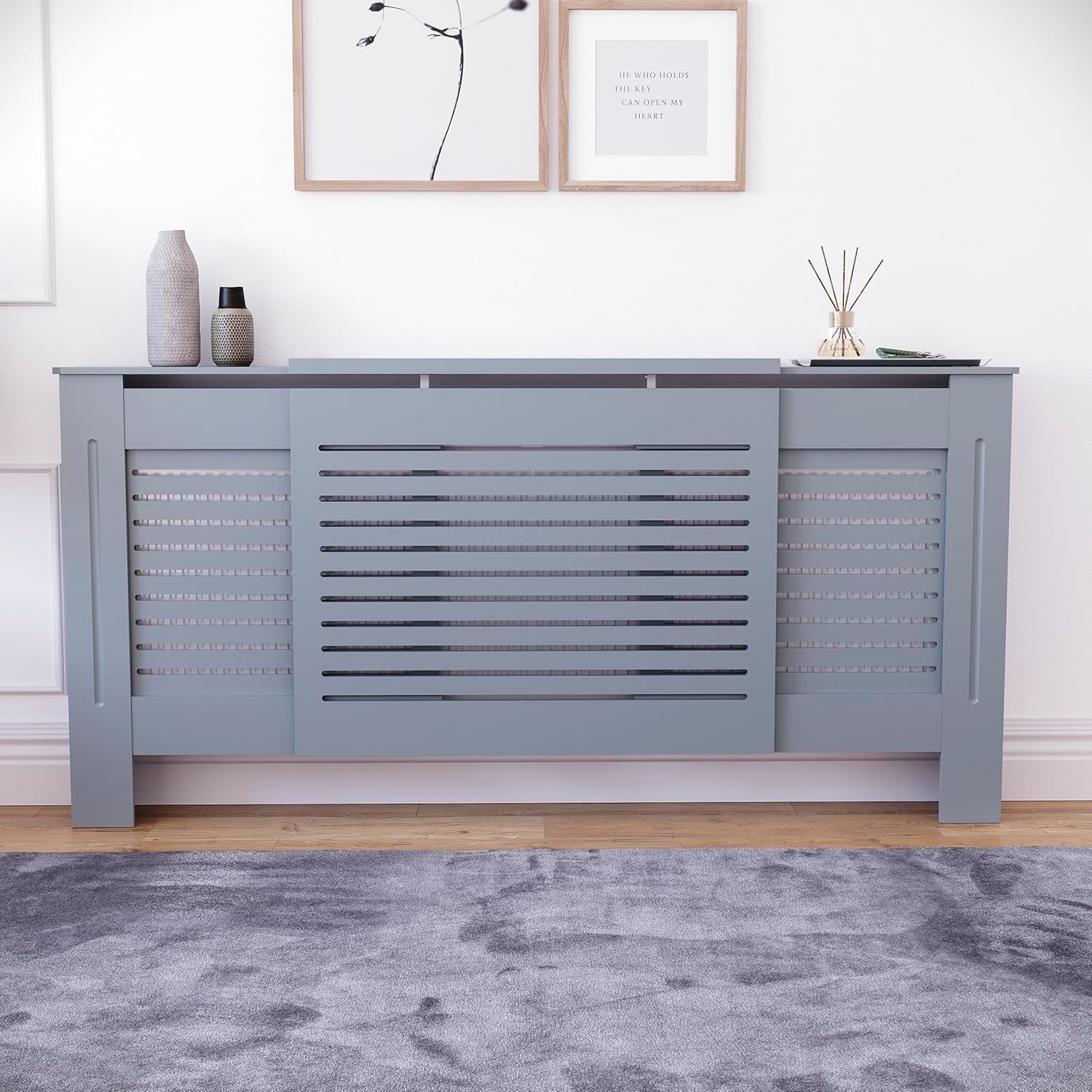 Adjustable Grey Radiator Cover 195x80x16cm Modern MDF Slatted Heating Cabinet