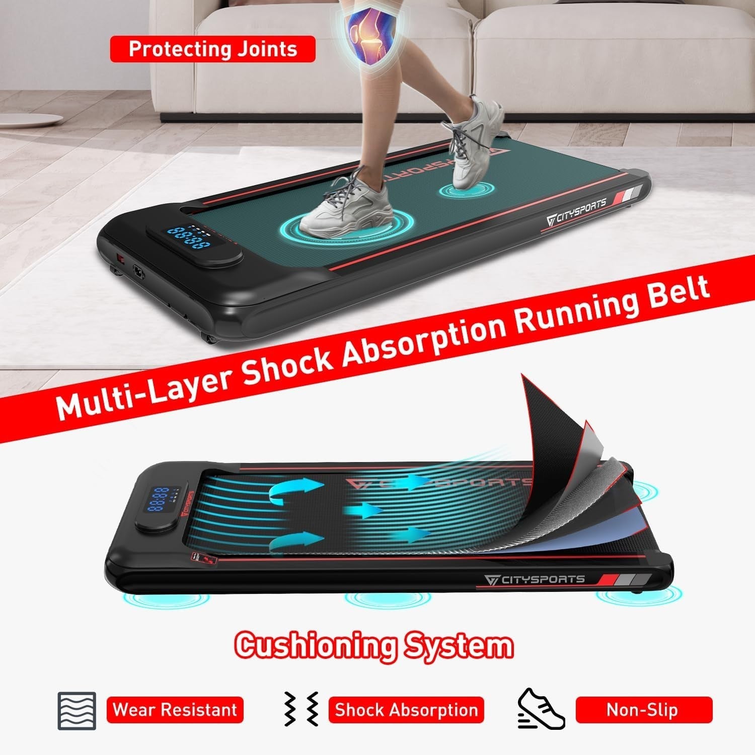 Under Desk Walking Pad 1–6km/h Quiet Portable Treadmill w/ LED Display (Red)