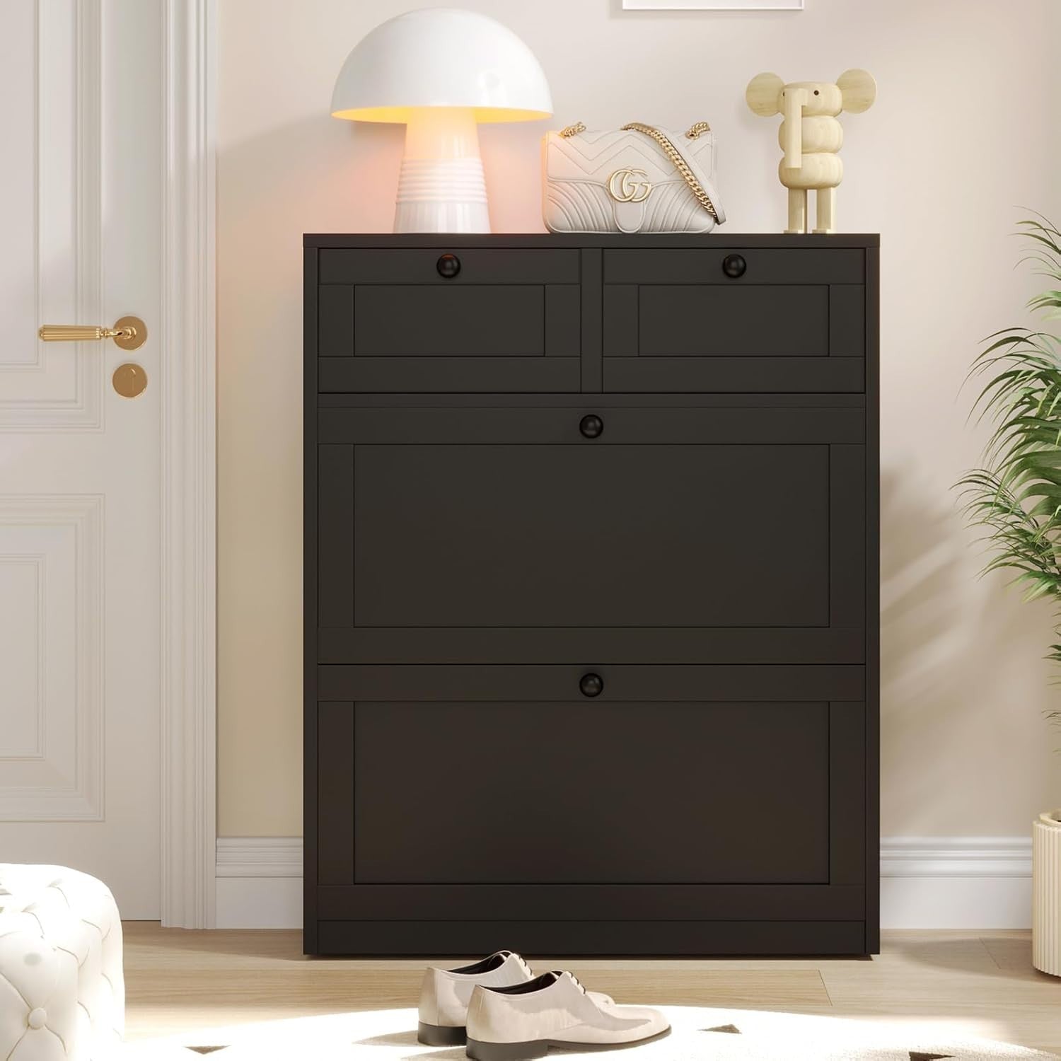 Slim Black Shoe Cabinet with 2 Flip Drawers & Adjustable Shelves Storage