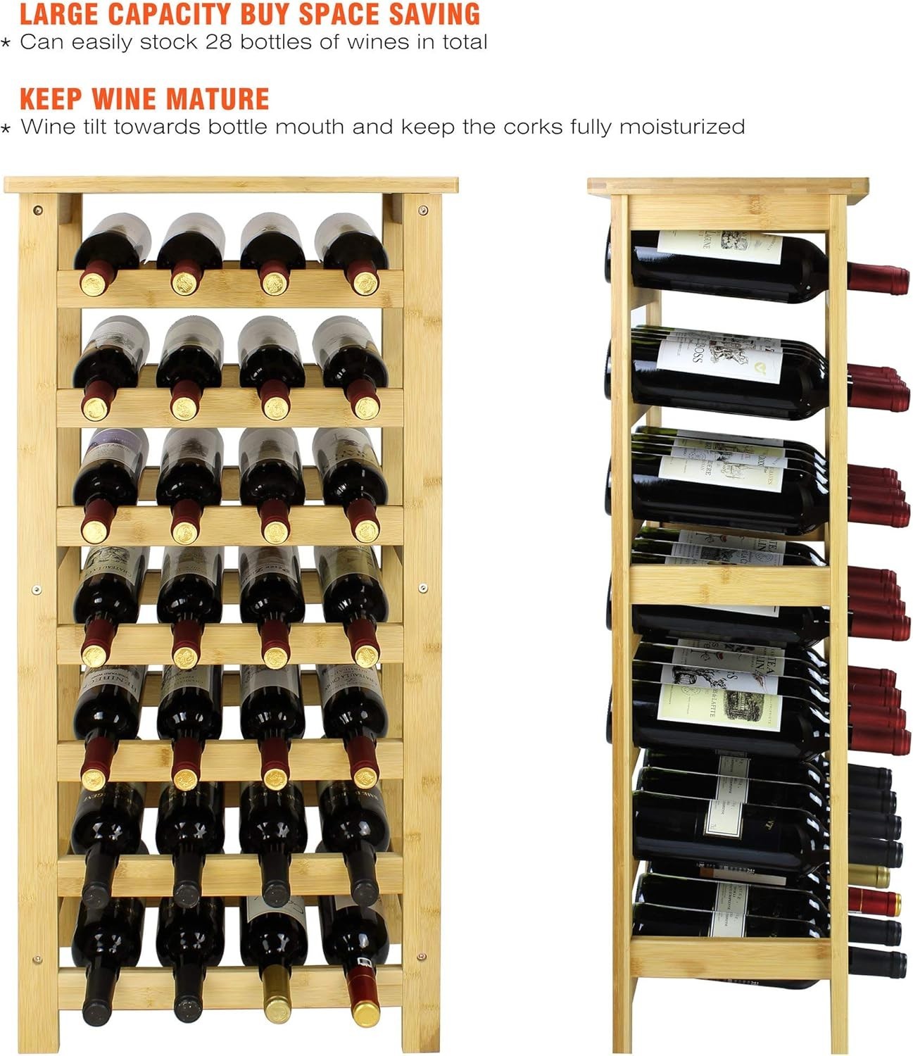 28 Bottle Bamboo Wine Rack Freestanding 7 Tier Storage Shelf with Table Top