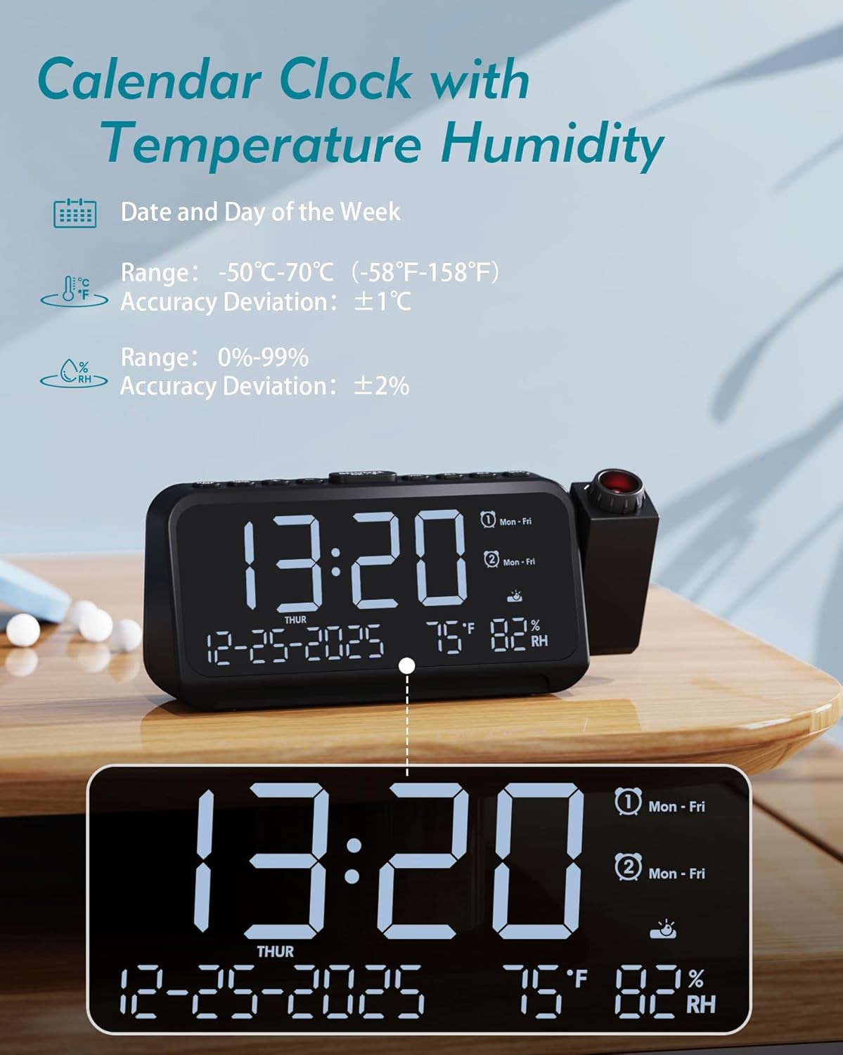 Projection Alarm Clock Ceiling Large Display Dual Alarm Temp Humidity