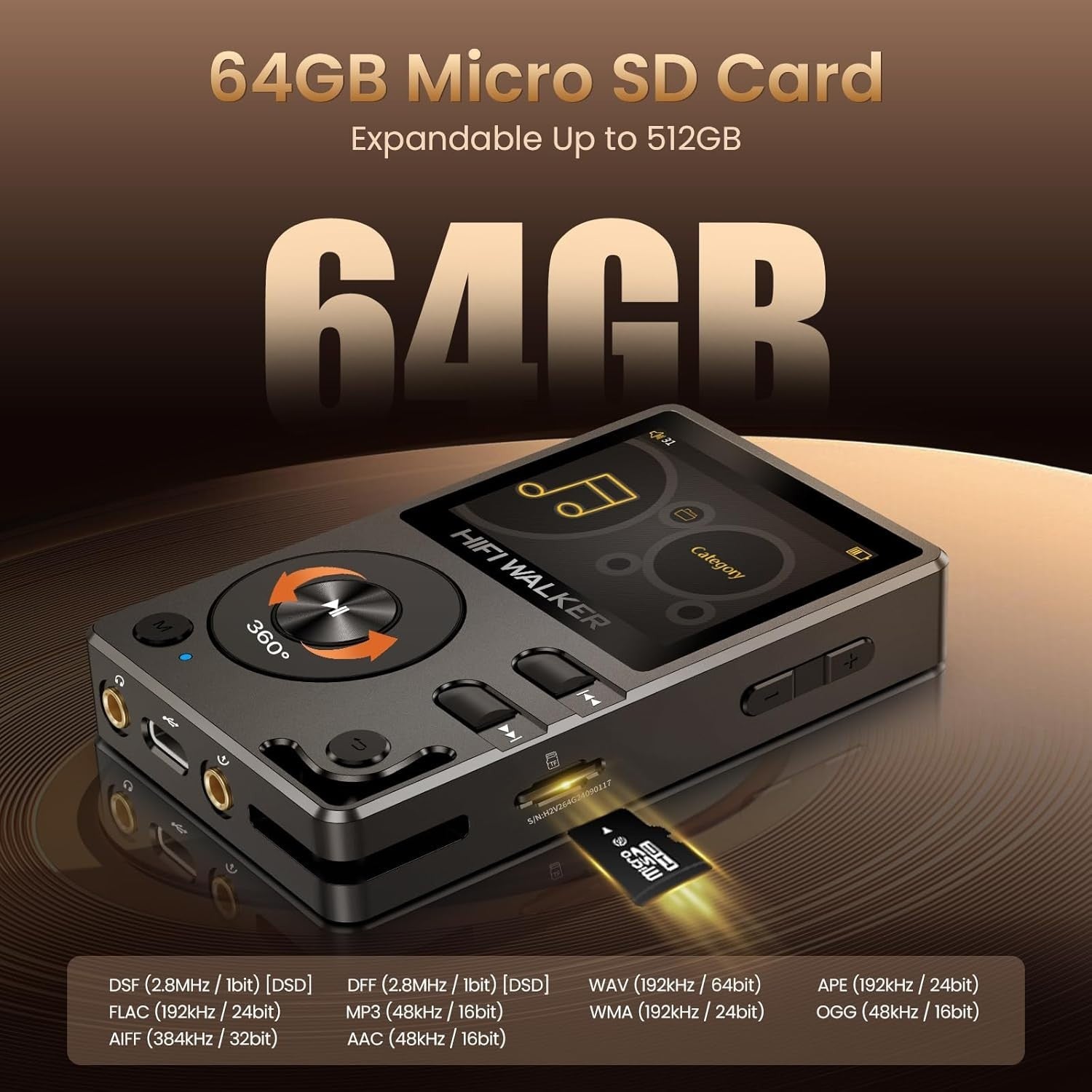 Hi-Res Bluetooth 5.2 MP3 Player | FLAC DSD DAC, 64GB Expandable Music Player