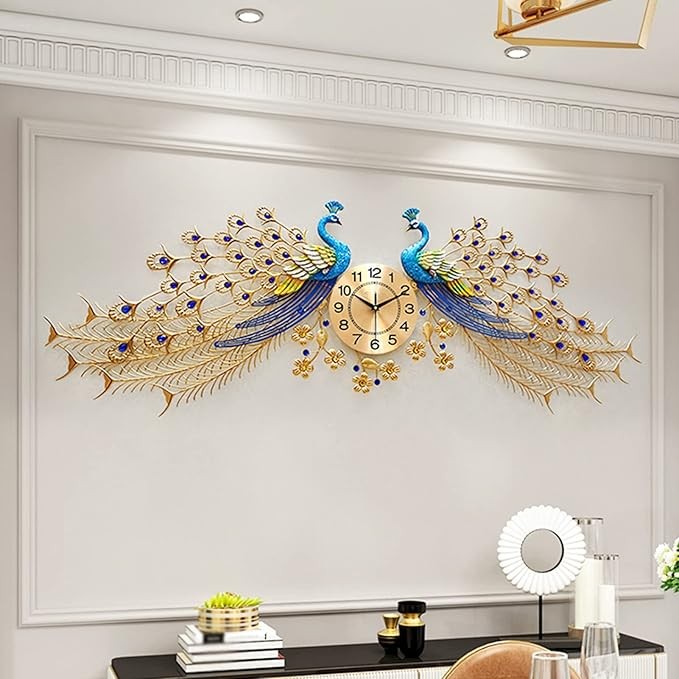 Large Twin Peacock Wall Clock 156cm Luxury Metal Art Silent Modern Home Decor