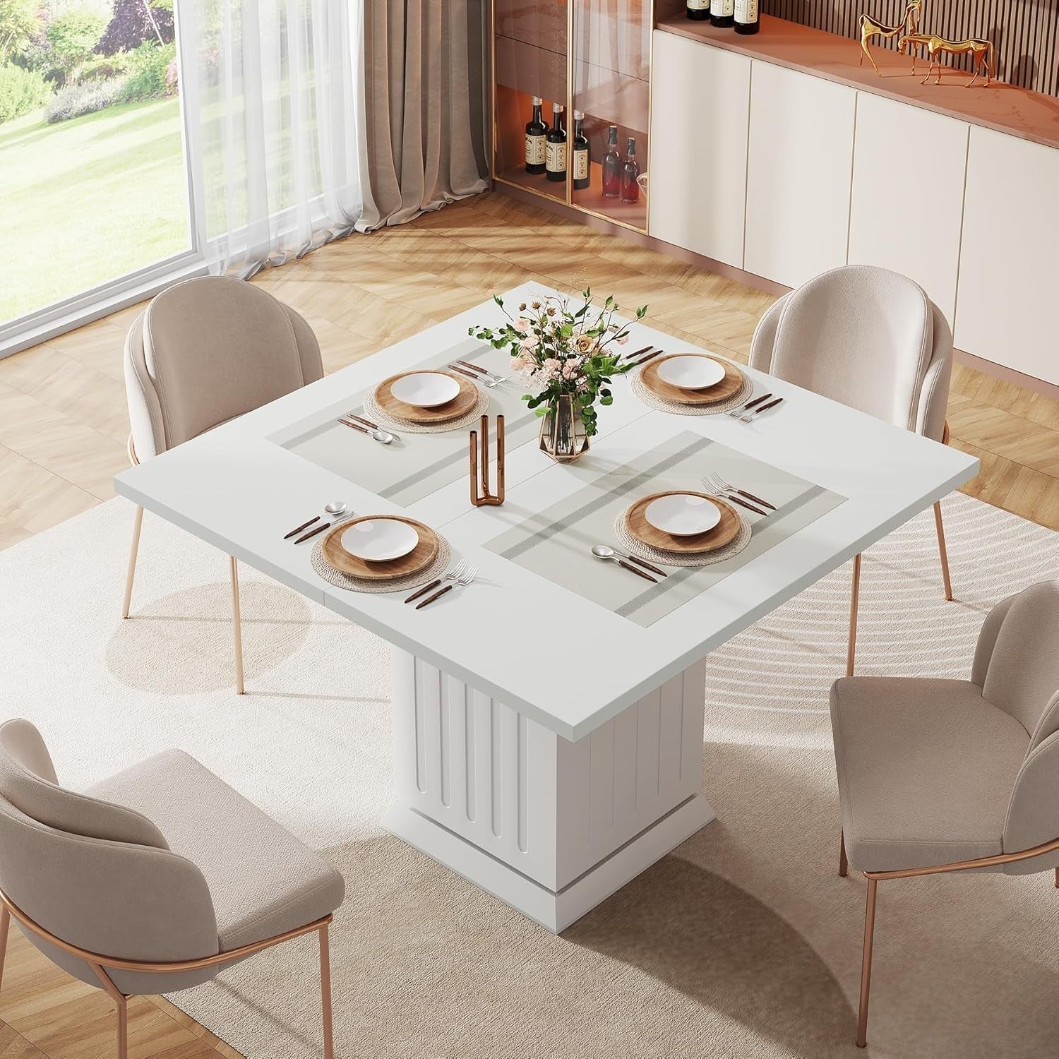 White Square Dining Table 90CM with Placemats, Small Kitchen Pedestal
