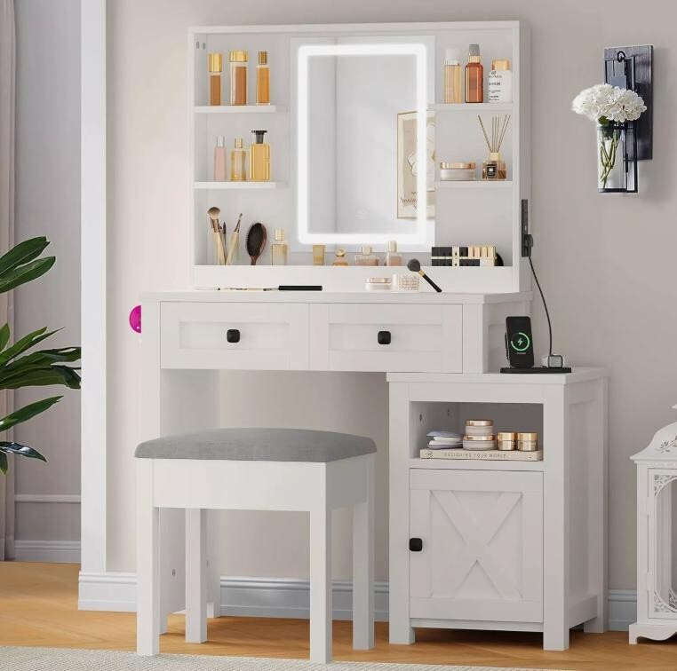 Farmhouse Vanity Desk Set LED Mirror USB Stool Makeup Table Bedroom White