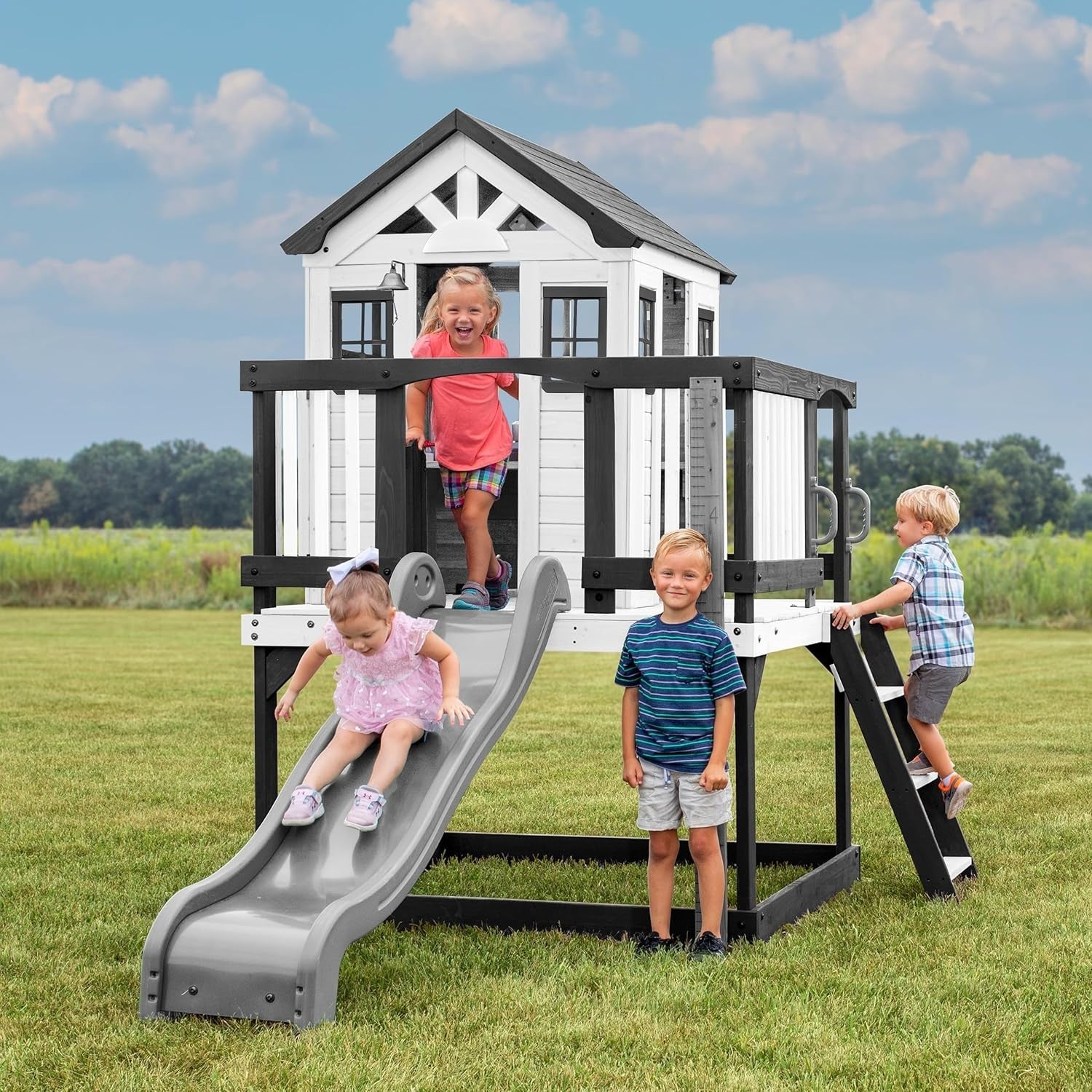 Elevated Cedar Kids Playhouse with Slide Outdoor Garden Toy Kitchen