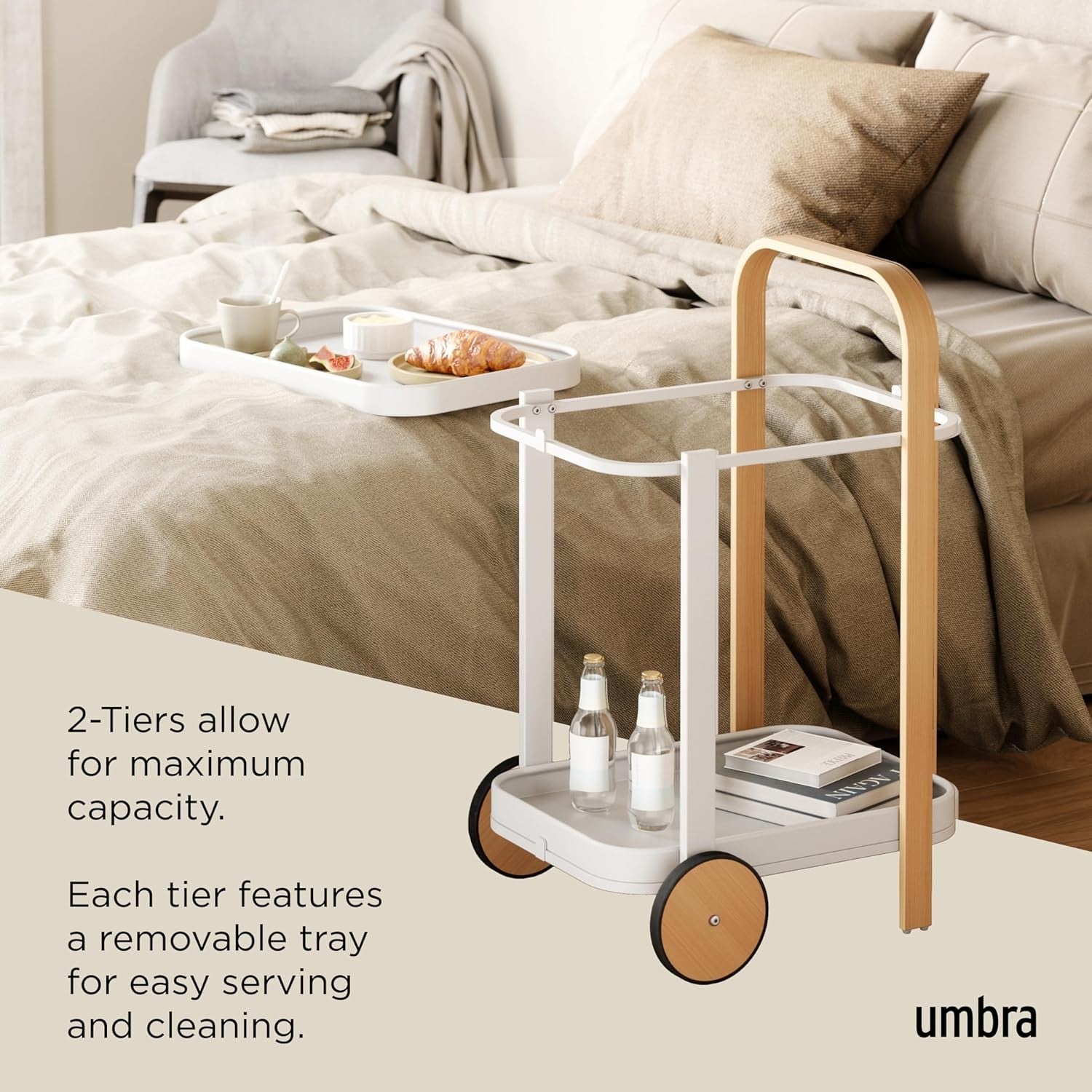 Luxury Bar Cart on Wheels 2 Tier White Serving Trolley Removable Tray