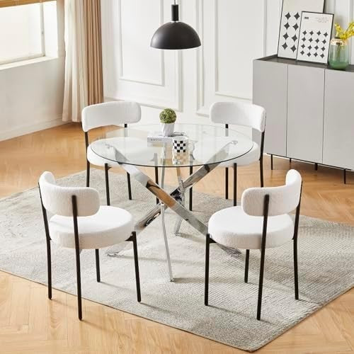 100CM Round Glass Dining Table with 4 White Upholstered Chairs Set