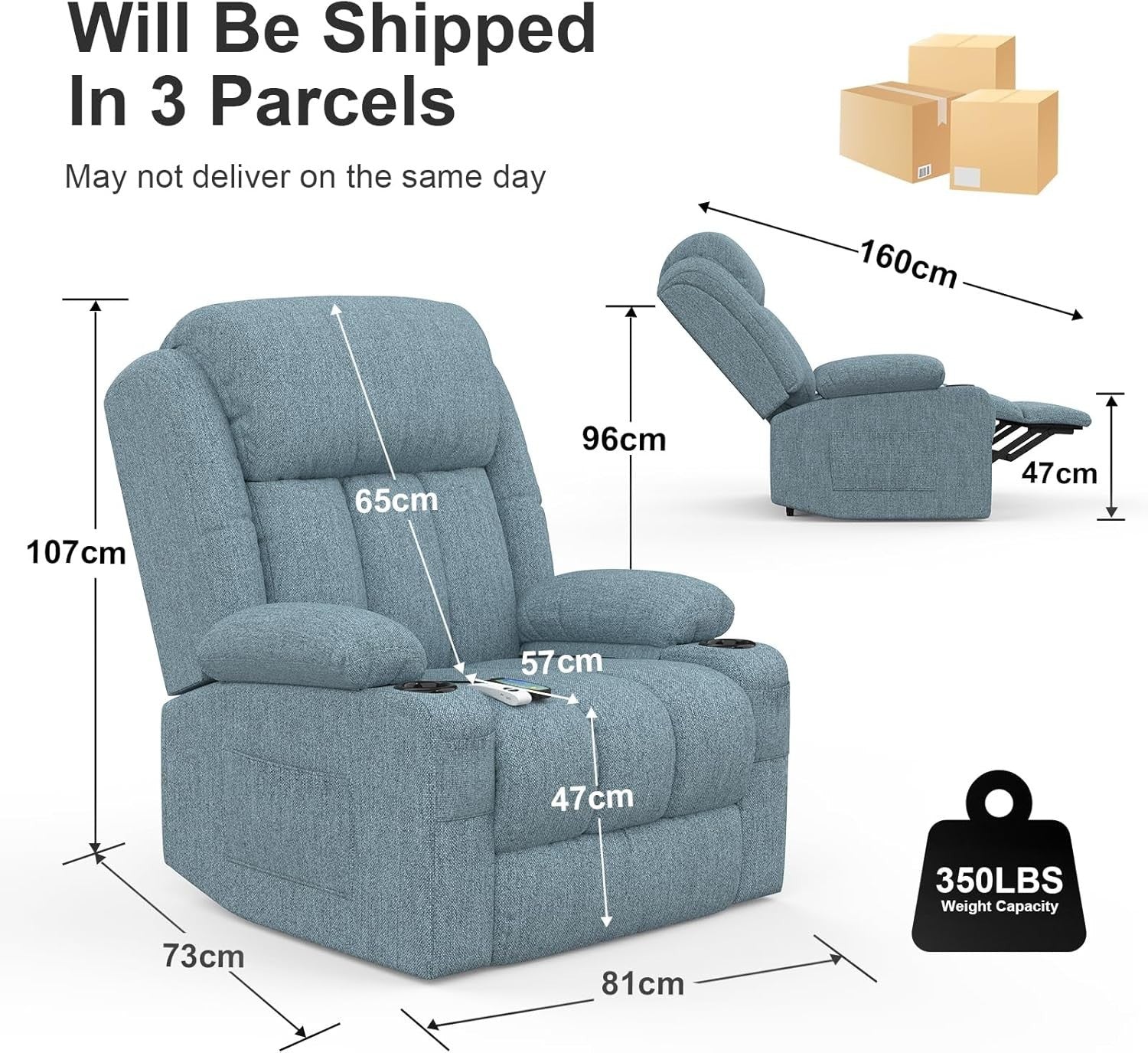 Power Lift Recliner Chair Massage Heat USB Ports Cup Holders Fabric Blue