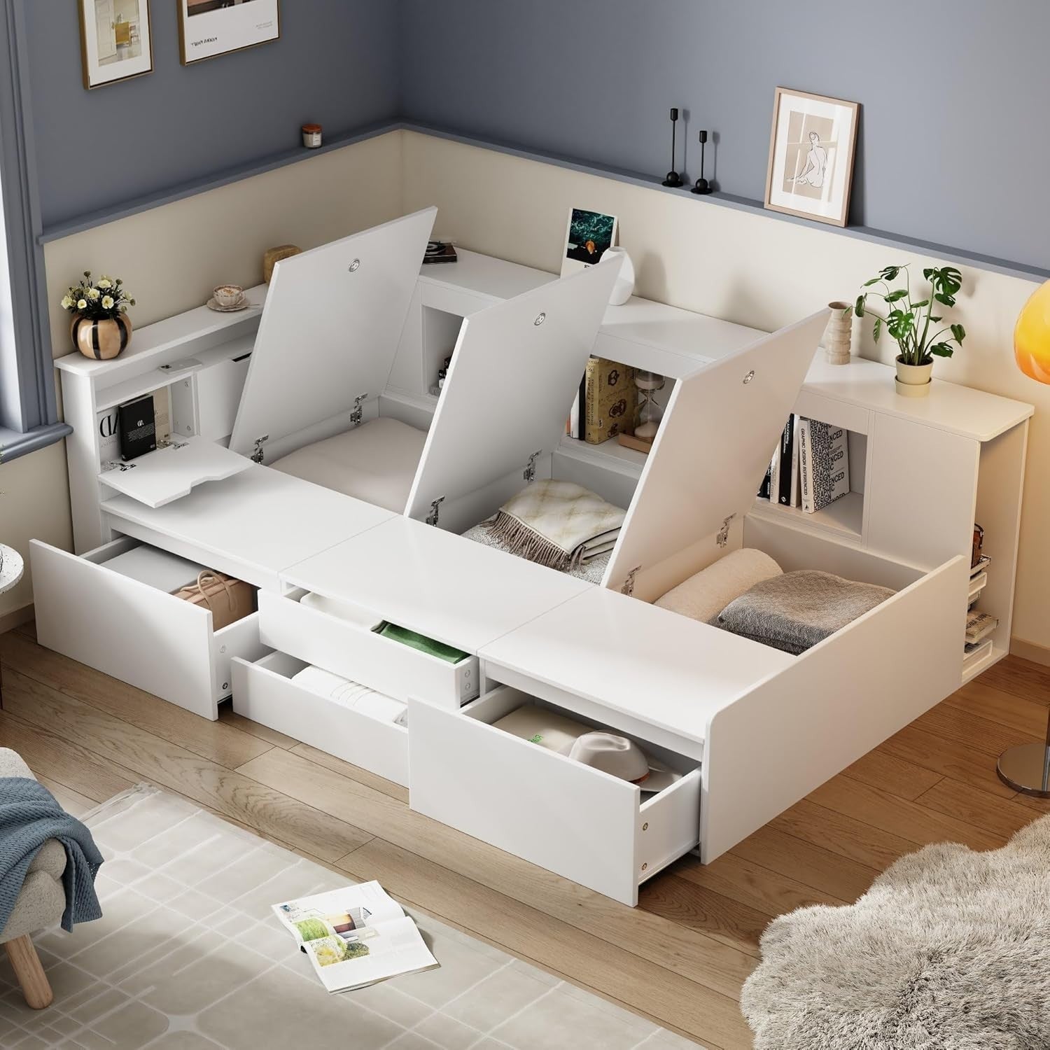 3FT White Cabin Bed Storage Drawers Bookcase Kids Single Bed Frame