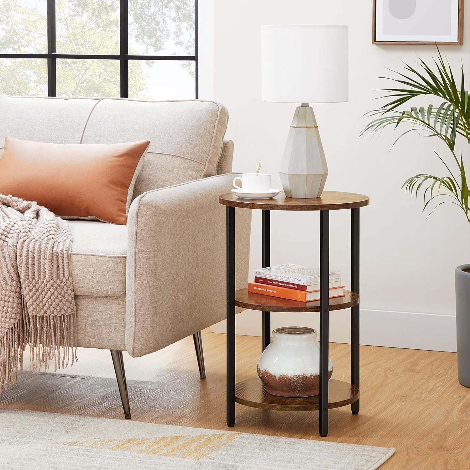 Round 3-Tier Side Table Rustic Brown Black Steel Frame Small Coffee End Table