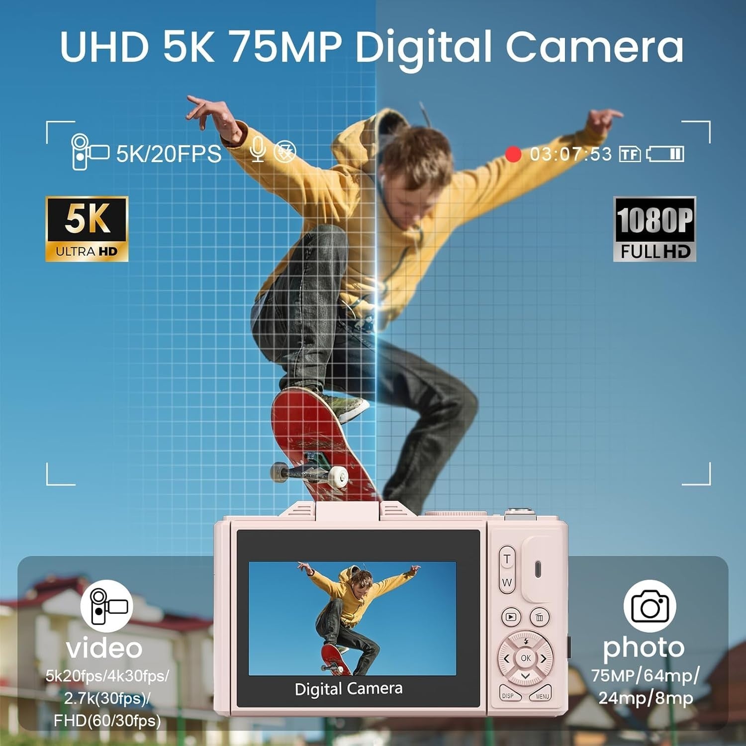 5K 75MP Vlogging Camera Flip Screen WiFi Zoom Camera Pink 64GB
