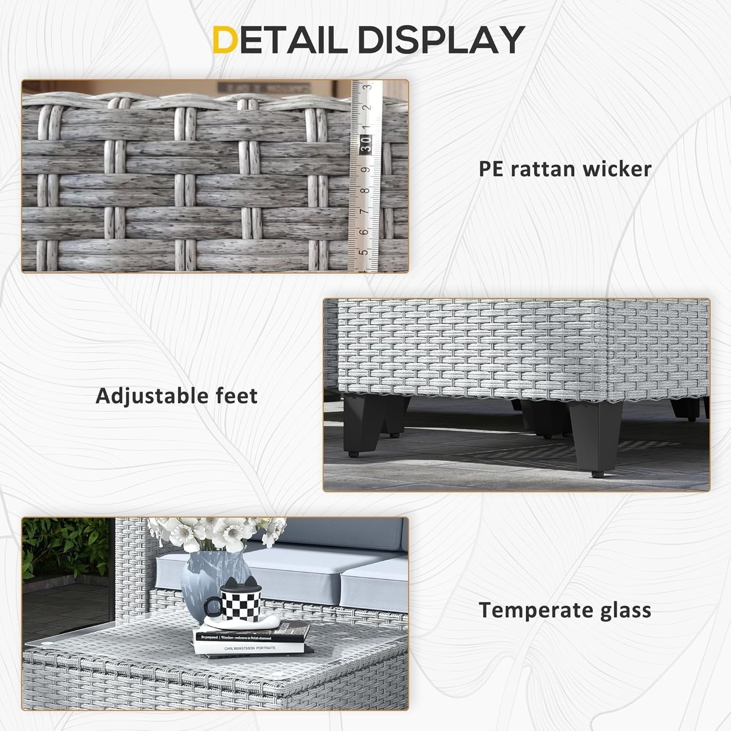 5-Piece Grey Rattan Garden Sofa Set with Cushions & Glass Coffee Table