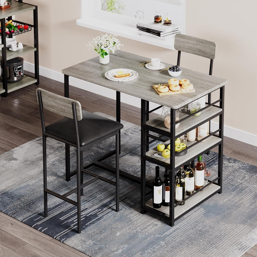 3-Piece Grey Bar Table Set with 2 Stools & 3 Shelves for Small Spaces Furniture
