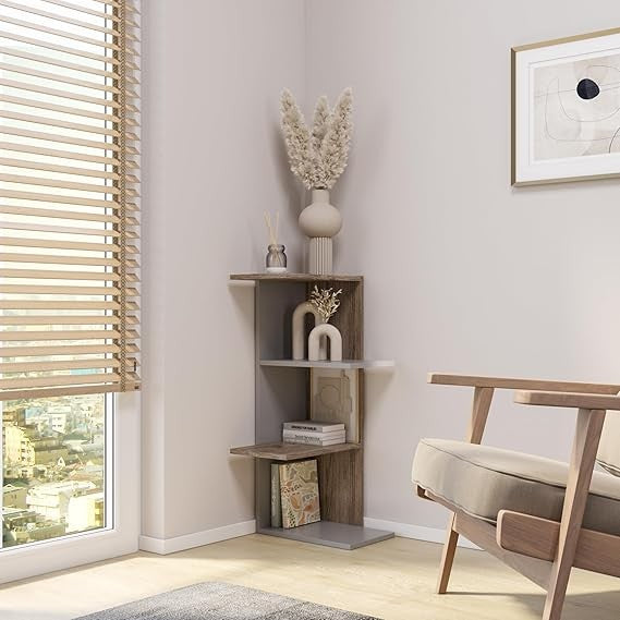 Modern 3-Tier Corner Bookcase Shelf Unit Space-Saving Display Storage Grey Oak