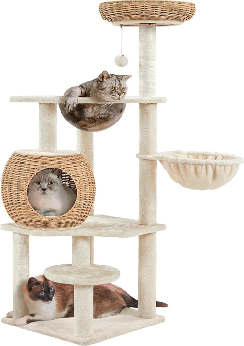 Modern Cat Tree Tower 137.5cm With Wicker Condo Clear Bowl Scratching Posts
