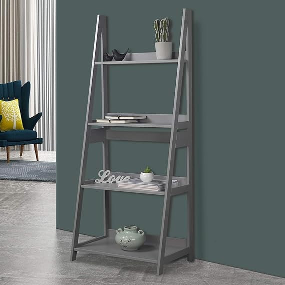 Modern Grey 4-Tier Ladder Shelf Unit – Tall Display Storage Rack for Home