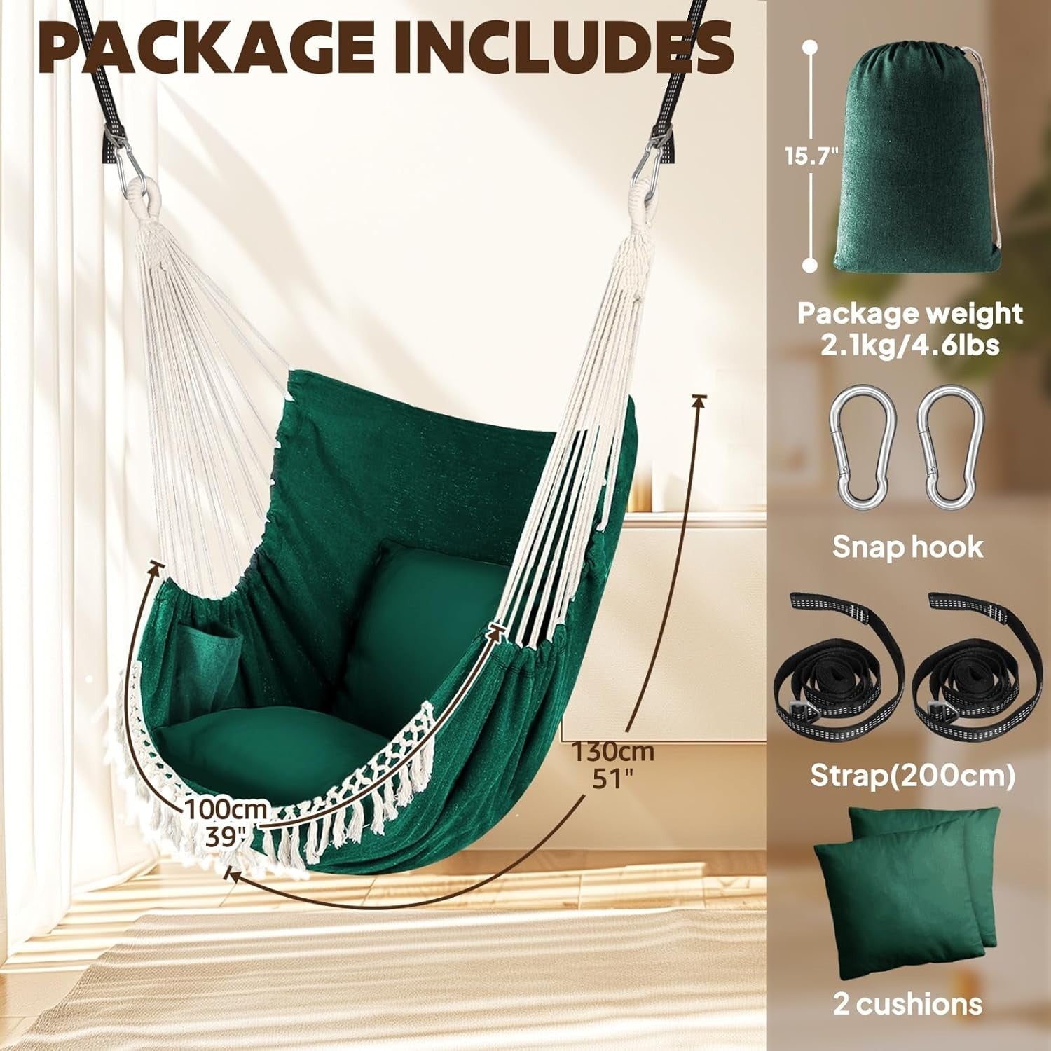 Dark Green Hammock Chair with 2 Cushions & Straps | 500lbs Indoor Outdoor