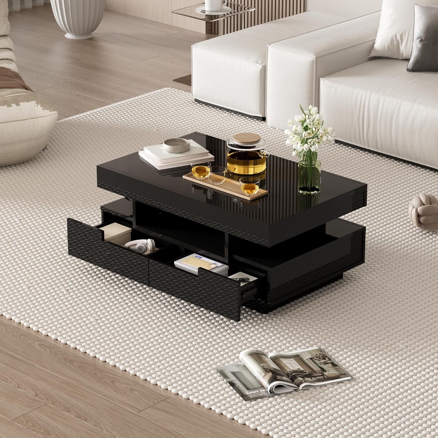 High-Gloss LED Coffee Table with 4 Drawers & Large Storage, Modern Design
