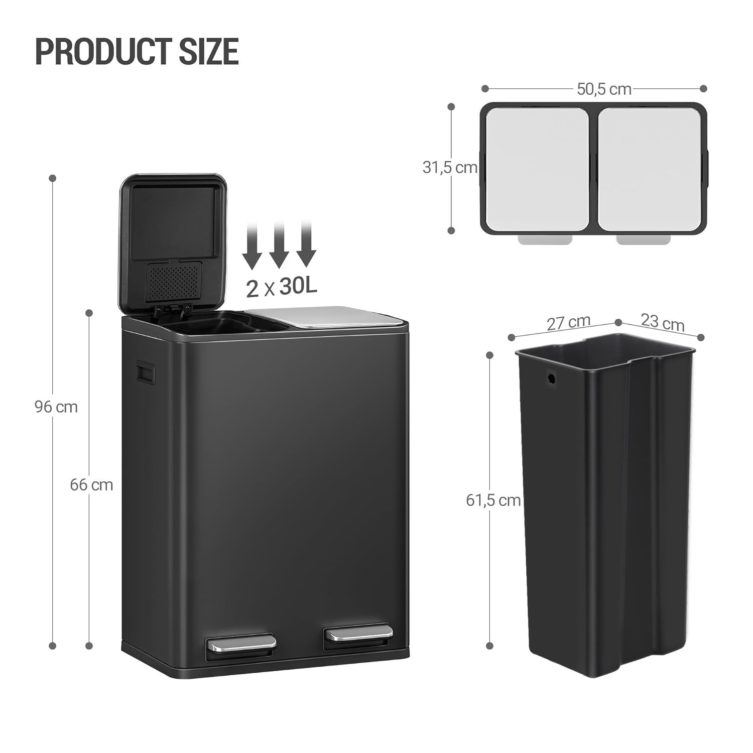 60L Double Kitchen Recycling Bin | 2 x 30L Stainless Steel Pedal Bin Black