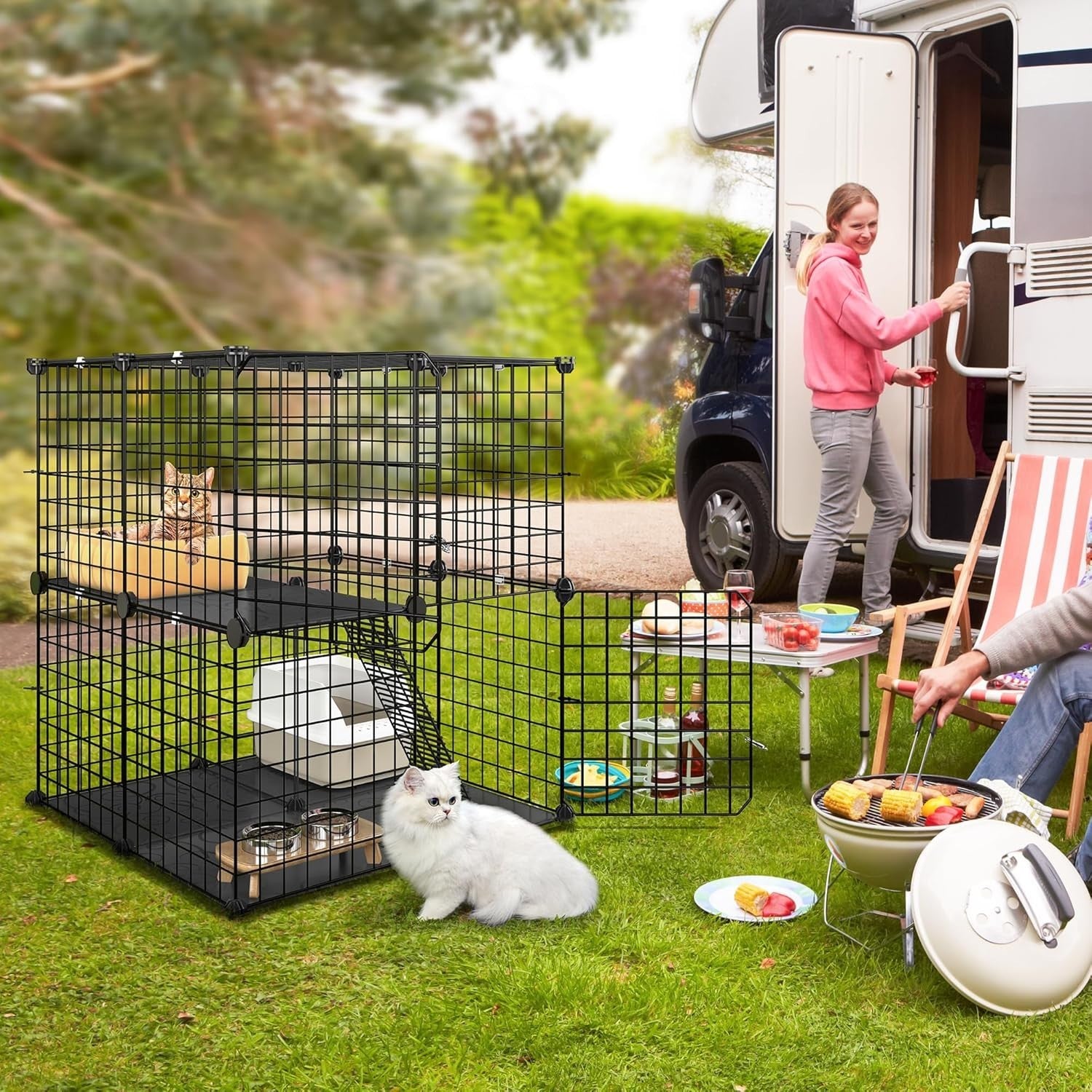 2 Tier Cat Cage Indoor Outdoor Playpen with Ladder & Doors | Metal Pet Enclosure