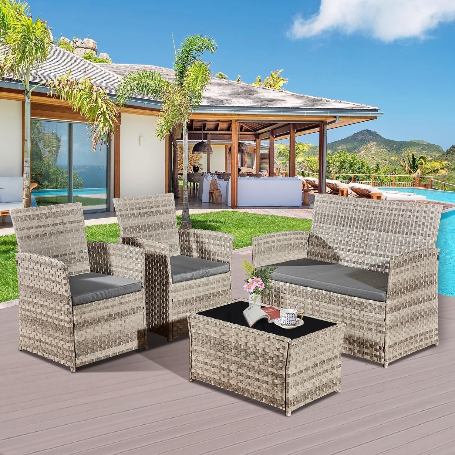 4pc Rattan Garden Furniture Set w/Cover Sofa Chairs Coffee Table Grey