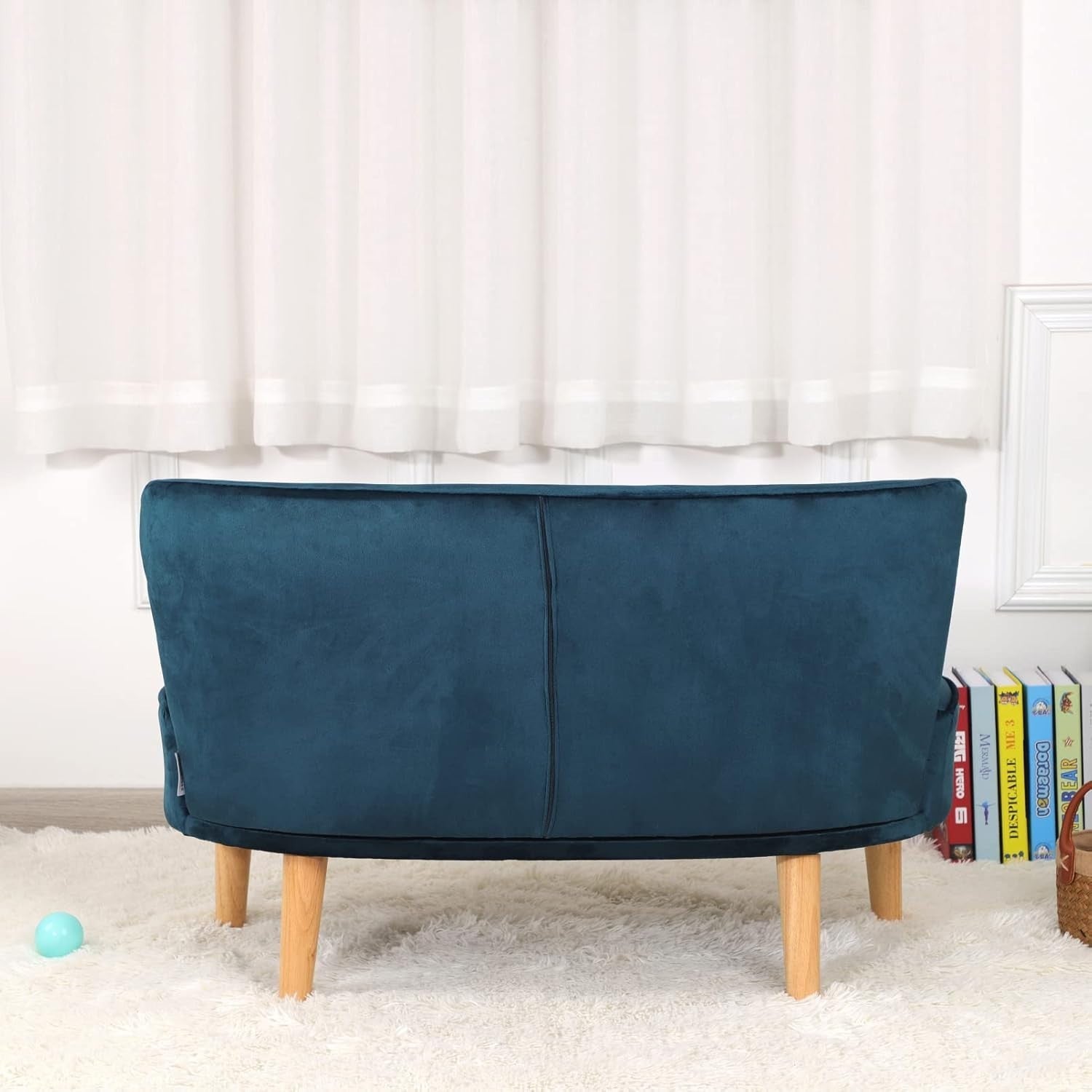 Blue Velvet Kids Sofa, 2-Seater Play Couch for Toddlers, Compact 90.5x44.5x57.5c
