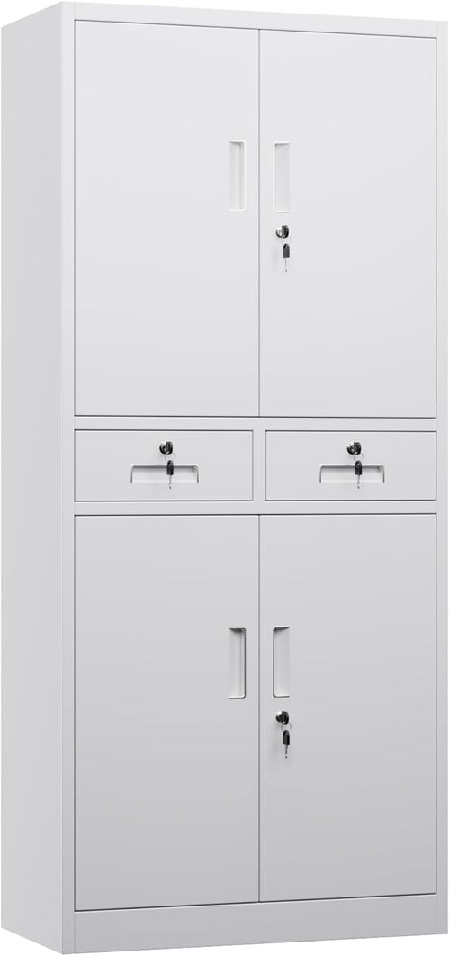 White Metal Storage Cabinet 4 Door 2 Drawer Lockable Steel Cupboard Office 180cm
