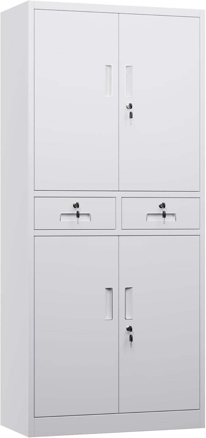 White Metal Storage Cabinet 4 Door 2 Drawer Lockable Steel Cupboard Office 180cm