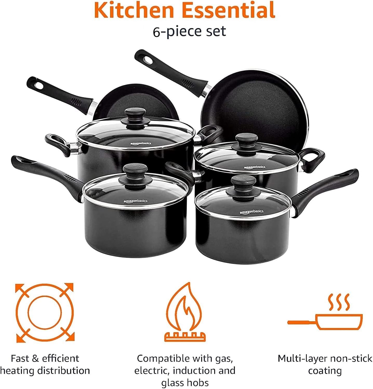 6pcs Non Stick Pan and Pot Set Cookware Set with Glass Lids Induction Safe