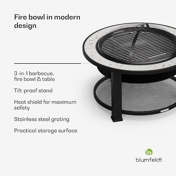 3-in-1 Fire Pit BBQ Table Outdoor Round Terrazzo Top Durable Steel Frame