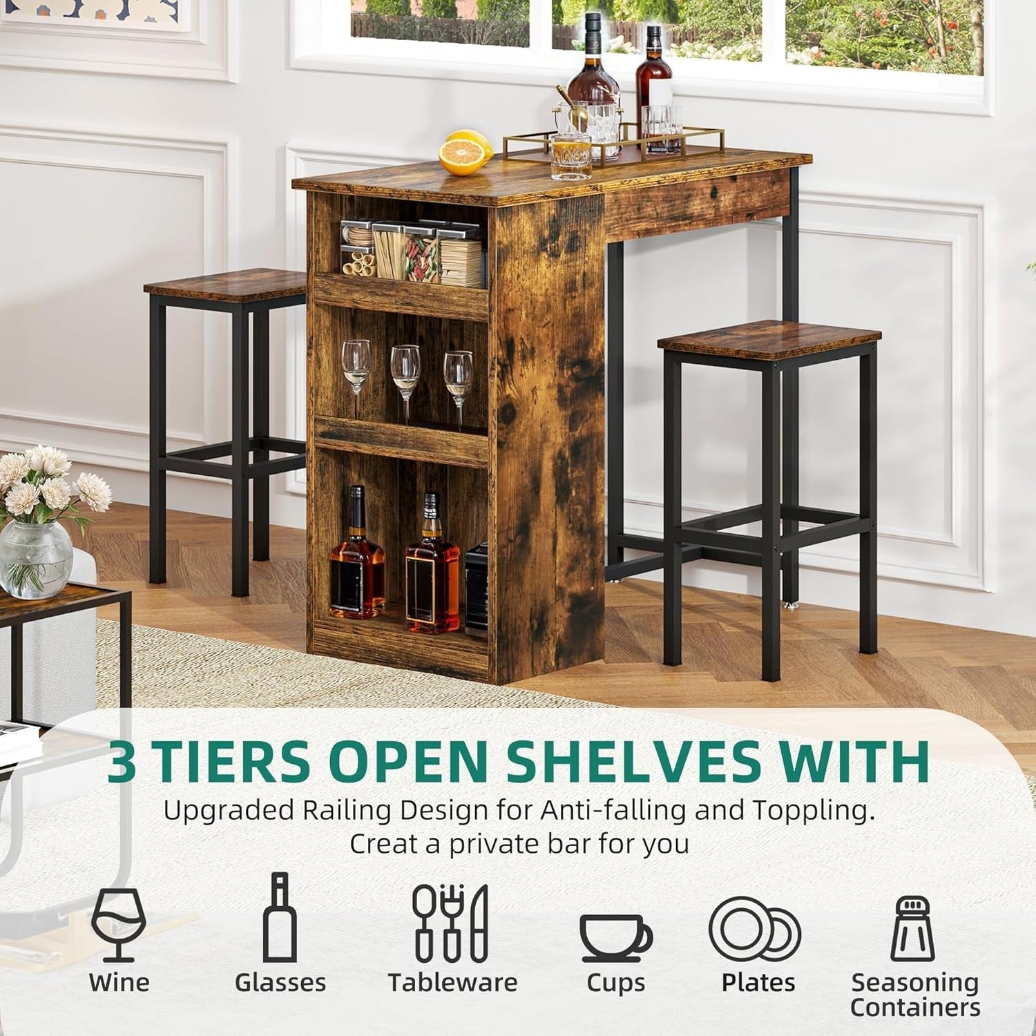 Rustic Brown Bar Table Set with Storage Shelves & 2 Stools Space Saving Home
