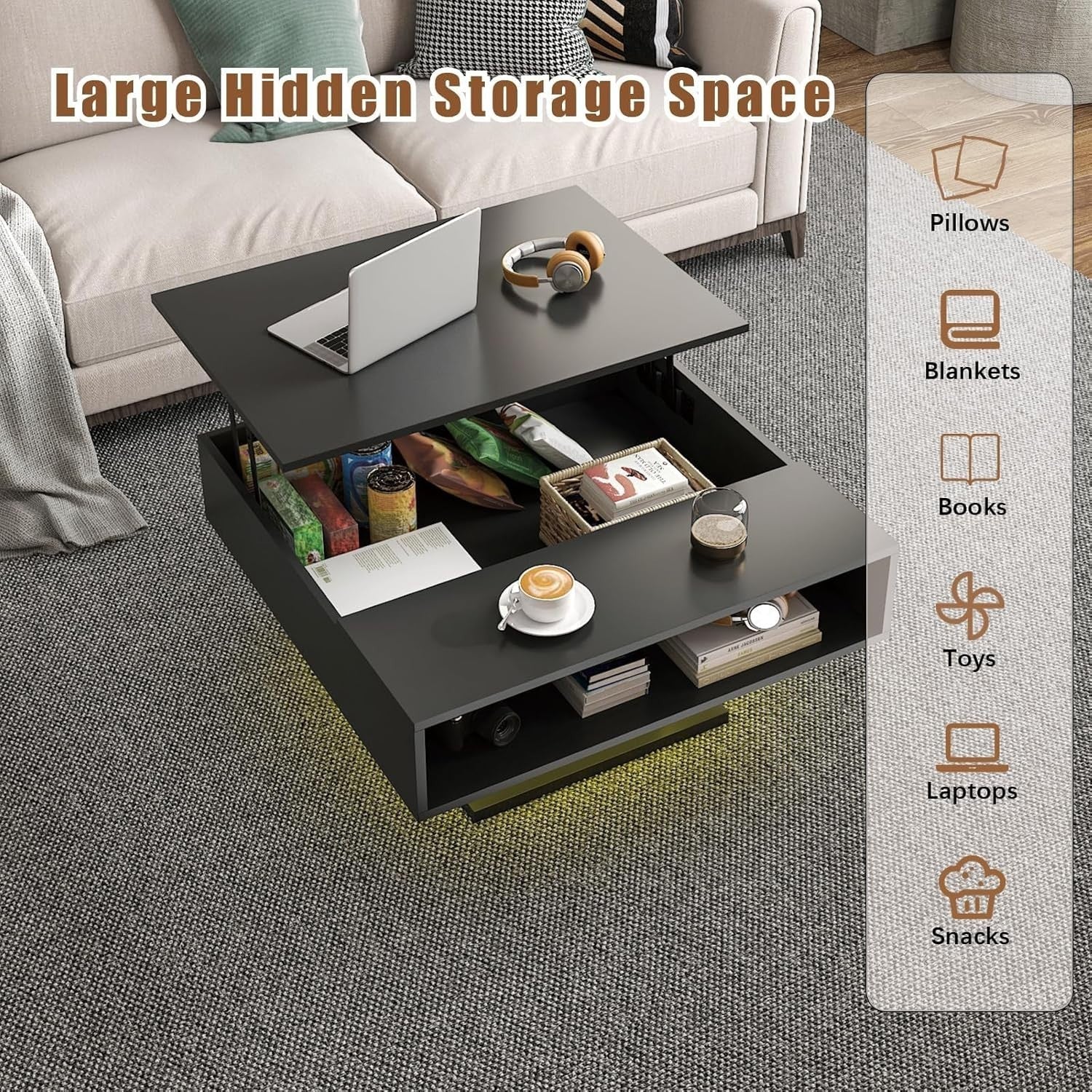 Lift Top LED Coffee Table with Storage 78x78cm – Black Modern Living Room